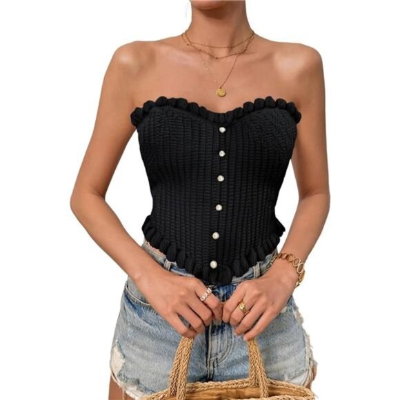 💖 Knitted Strapless Crop Top | Ruffle Trim & Pearl Button - Picture 1 of 5